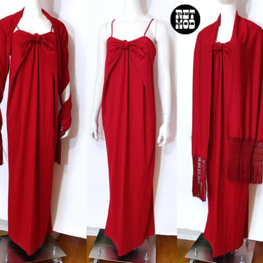 Sexy Vintage 70s Deep Red Long Babydoll Chest Tie Maxi Dress with Matching Fringed Scarf 