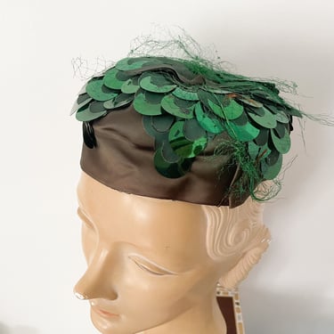 St. Patty’s Day, leprechaun costume vintage 1940’s green sequin topper, pillbox hat 