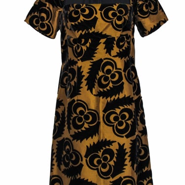 Prada - Gold & Black Silk Blend A-Line Dress w/ Velvet Floral Pattern Sz 12