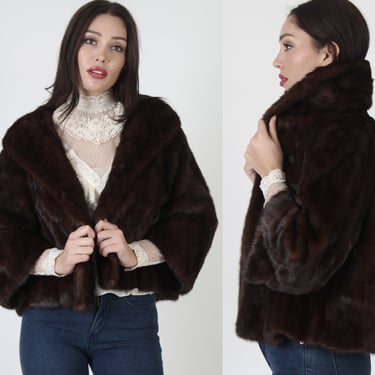Short Mahogany Mink Jacket / 70s Cropped Brown Fur Coat / Huge Rolled Fur Shawl Collar / Wedding Bridal Swing Overcoat 