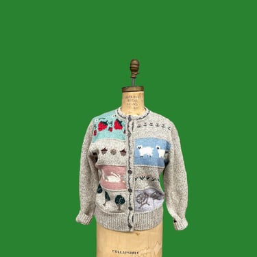 Vintage Woolrich Cardigan Retro 1980s Cottage Core + Style 9056 + Size Medium + Sheep + Bunnies + Strawberries + Novelty Print + Wool 