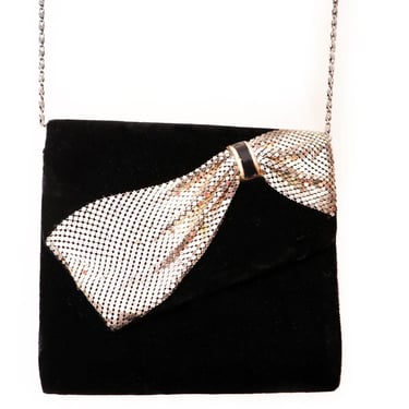Black Velvet Metal Mesh BOW ART DECO style Vintage Crossbody Chain Strap Shoulder Bag Purse Evening Bag Vintage 1970's, 1980's Disco Era 