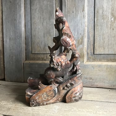 Antique Wood Carved Dog of Foo, Asian Artisan Hand Crafted , Wooden Statue,  Hand Carved Figurine 