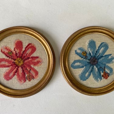 Vintage Floral Needlepoints, Red Pink Daisy And Blue Daisy Set, Set Of 2, Hand Stitched, Flower Fiber Arts 