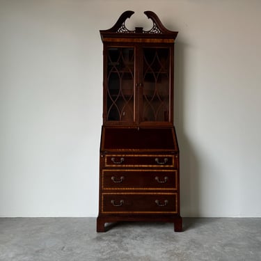 Baker Furniture Georgian - Style  Carved Mahogany Secretary Desk with Bookcase Hutch 