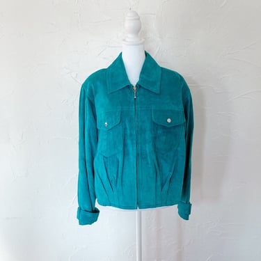 80s/90s Deep Turquoise Suede Trucker Jacket with Zip Up Front | Medium/Large 
