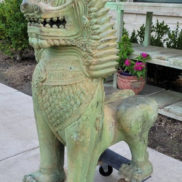 Monumental Antique Thai Bronze Khmer Temple Singha Guardian Lion Foo Dog Sculpture 