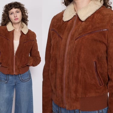 Medium 70s Rust Red Suede Sherpa Jacket | Vintage Zip Up Shearling Collar Bomber Coat 