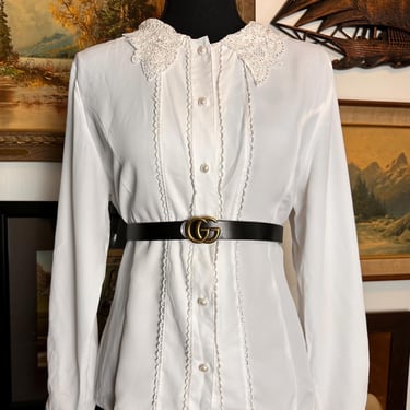 Vintage 80s / 90s White Blouse With Lace Collar 