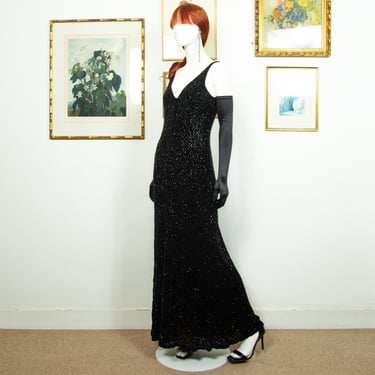 Vintage 1990s Black Velvet Beaded Maxi Long Evening Dress Sleeveless Open Back  Size M UK 12 