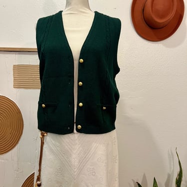 Vintage 90s Sag Harbor Green Knit Gold button Down Sweater Vest Small 