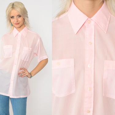 70s Baby Pink Shirt Semi-Sheer Striped Button Up Shirt Retro Preppy Collared Top Basic Simple Pastel Short Sleeve Vintage 1970s Men's Medium 