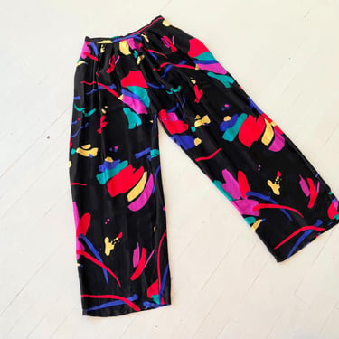 1980s Silk Bold Abstract Print Black Pants 