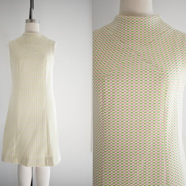 1960s Pink, Green, and White Checkered Knit Mod Dress 