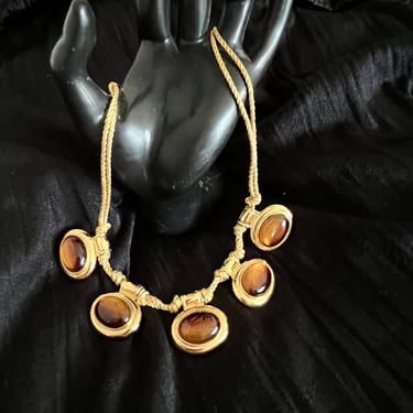 Statement Necklace, Givenchy, Tiger Eye Cabochons, Rope Chain Necklace, Signed Designer Jewelry 