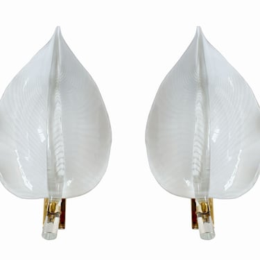 Pair of White Striped Murano Glass Leaf Sconces by Franco Luce