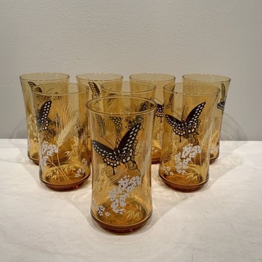 7 Vintage Libbey Amber Glass Tumblers, M. Petti glassware, Butterfly Barware, Retro tumblers and barware, modern drinkware 