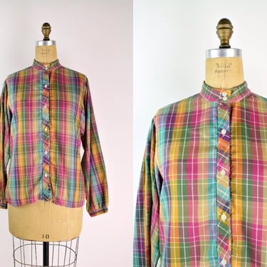 70s Rainbow Plaid Shirt / Western Blouse / Size M/L 