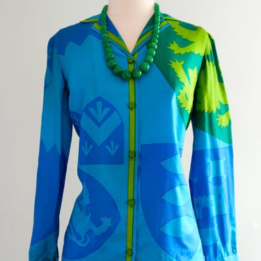 Regal 1960's Blue &amp; Green Silk Blouse with Crest Print by Vera / Sz M