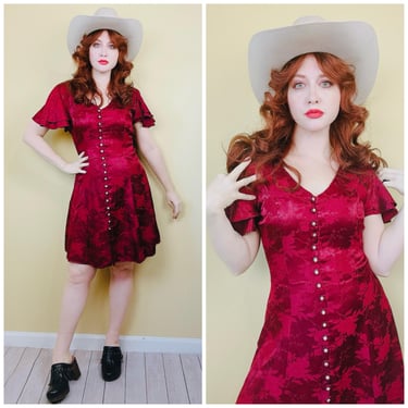 1990s Vintage DBY Maroon Brocade Mini Dress / 90s Floral Flutter Sleeve Lace Back Corset Dress / Size XL 