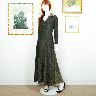 Vintage 1970s Berkertex Black Gold Lurex Maxi Dress Collared With Long Sleeves Size S UK 10 