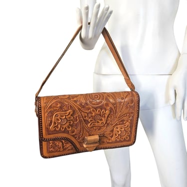 1950s Brown Tooled Leather Purse I Gaitan I Hand Tooled I Adjustable Strap 