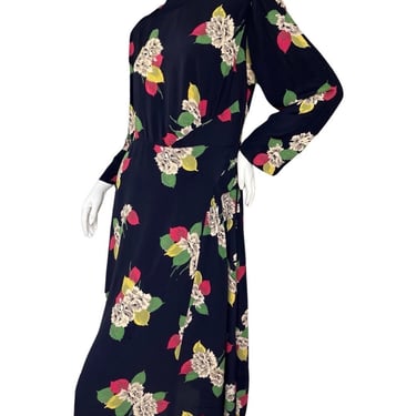 1940s Rayon Print Day Dress , Bold Floral Print Peonies , Nice Details , 40 Bust Vintage 
