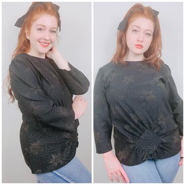 1980s Vintage Chestnut Street Shooting Star Blouse / 80s / Eighties Gold Glitter Drop Waist Party Top / Size Large - XL 
