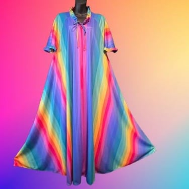 rainbow striped trapeze gown 1970s rainbow house / lounge dress OSFA 