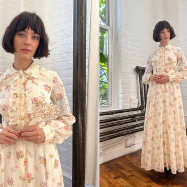Vintage 1970s 70s Autumnal Harvest Floral Print Full Length Maxi Gown Dress w/ Dagger Collar, Balloon Sleeves, Ruffled Trim 