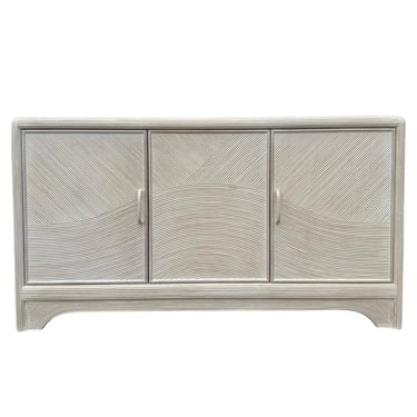 Vintage Pencil Reed Sideboard by American Drew - White Wash Wood Hollywood Regency Coastal Rattan Buffet Cabinet or Credenza 