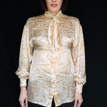 Vintage ESCADA 1980's Leopard Face Novelty Print Cream Silk Puff Sleeve Blouse - size Small Medium 