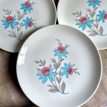 3 Vintage Dinner Plates, Stubenville Pottery, Fairlane pattern - Turquoise Blue Pink Grey with Yellow, Mid Century Modern Ceramic Dinnerware 