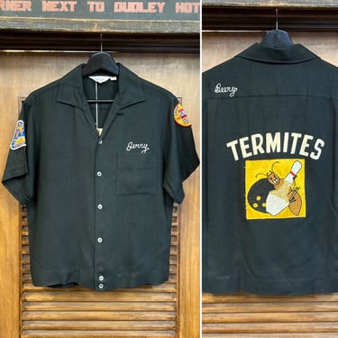 Vintage 1960’s “Termites” Black Color Embroidered Cartoon Bowling Shirt, 60’s Shirt, 60’s Athletic Top, Vintage Shirt, Vintage Clothing 