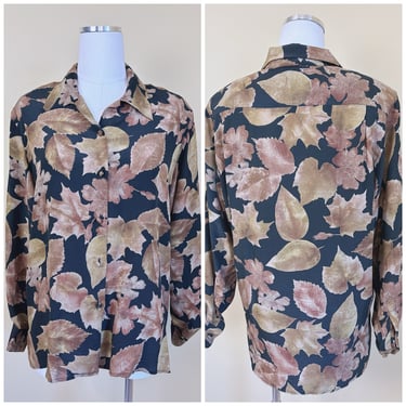 1990s Vintage Fu Da Silk Leaf Print Blouse / 90s / Black and Brown Autumnal Print Button Up Shirt / Size Large 