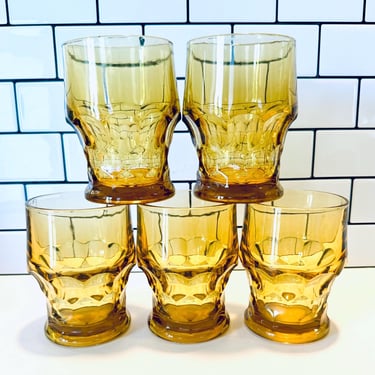 Set of Five Amber Glass Anchor Hocking Georgian Honeycomb Thumbprint Juice Glasses, MCM, Vintage Glass, Amber Yellow Orange Drinking Glasses 