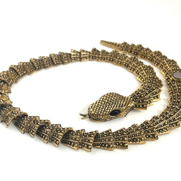 RARE Snake Necklace Brushed Gold Tone, Segmented Gold Serpent Choker Black Stone Eyes, Gothic Statement Jewelry, Bold Necklace, Avant Garde 