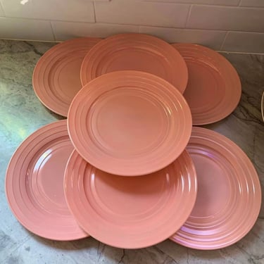 Set of 7 Pink Hazel Atlas Fired On Glass Dinner Plates