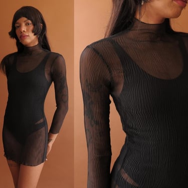 Vintage 90s Sheer Plissé Mini Dress/ 1990s Victorias Secret Black Dress/ Size Small 