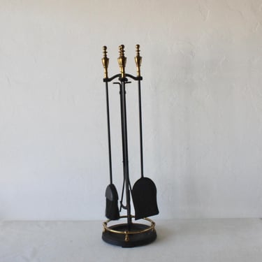 Pilgrim Vintage Mid-Century Brass Black Iron Fireplace Tool Set with Stand 