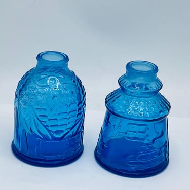 Set of 2 Vintage Wheaton NJ Blue Glass Bottles Cape May Bitters WHEATON N.J. Old Doc's Celebrated Cure Maize Corn Cob Blue 3.5