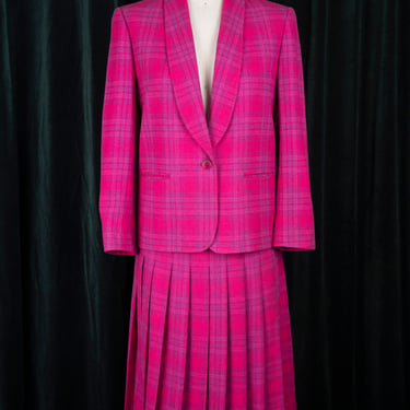Amazing RARE Vintage 80s Pendleton Hot Pink Plaid Wool Suit with Single Button Jacket and Pleated Skirt 