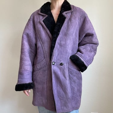 Vintage Purple Genuine Leather 80s Shearling Oversized Retro Winter Warm Jacket 