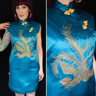 Vintage 1960's Gold Metallic Embroidered Phoenix Bird Blue Satin Cheongsam Mini Dress - size Small 