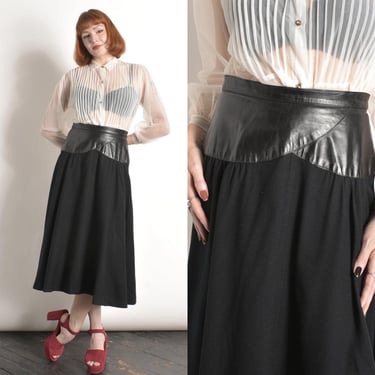 Vintage 1980s Dress / 80s Wool Skirt with Leather Waistband / Black ( small S ) 
