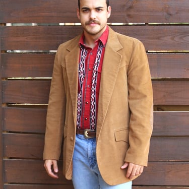 Vintage 1970s Pioneer Wear, Western Wear Blazer, Hipster Cowboy, Tan Corduroy, Elbow Patches, 42L Men 