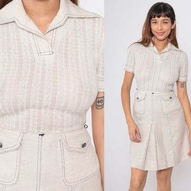 70s Mini Scooter Dress Light Beige Mod Pleat Front High Waisted Retro Vintage Semi-Sheer Cable Knit Short Sleeve 1970s Minidress Small 4 