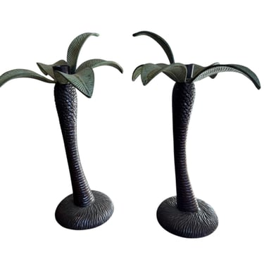 Vintage Tommy Bahama Solid Metal Set of 2 Palm Tree Candle Holders 