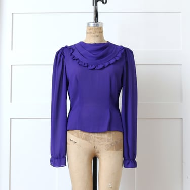 vintage 1980s purple chiffon blouse • flirty ruffle collar long sleeve violet bib collar top 