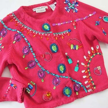 Vintage 90s Michael Simon Jeweled Pink Knit Cardigan S M - 1990s Colorful Rhinestone Gem Sparkle Tacky Sweater - The Nanny 